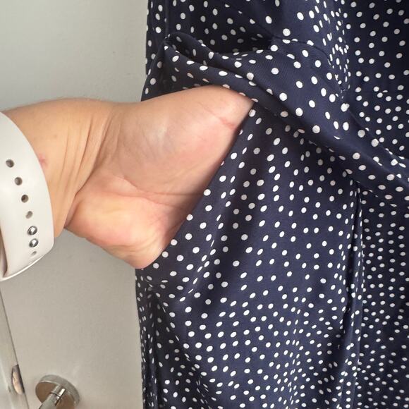 Boden Camille Polka Dot Midi Dress Navy Blue Tie Waist Slit Back Zip Sz 12 - Picture 10 of 14